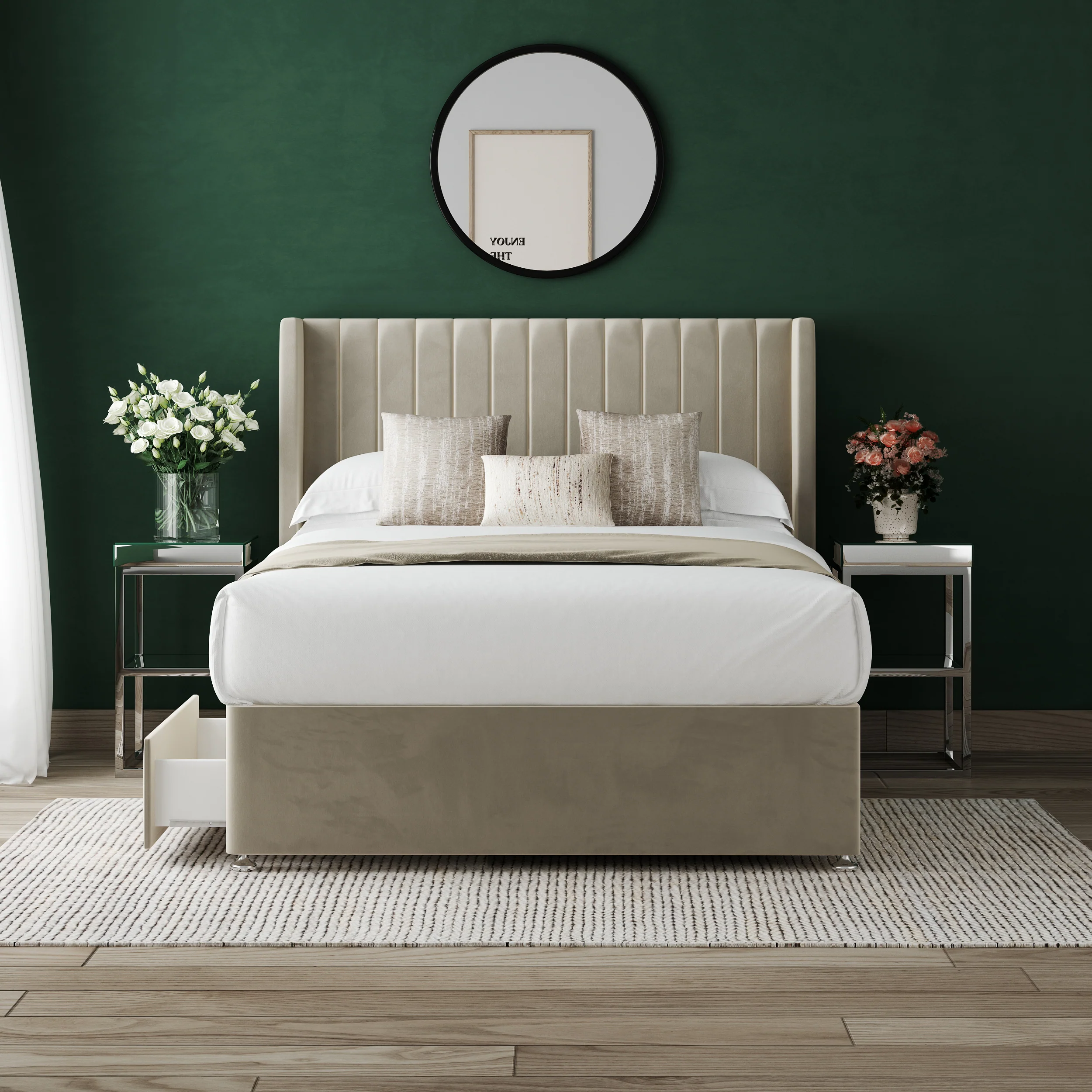 Milano Divan Bed Set with 54" Winged Floorstanding Headboard & Mattress Options - Image 2